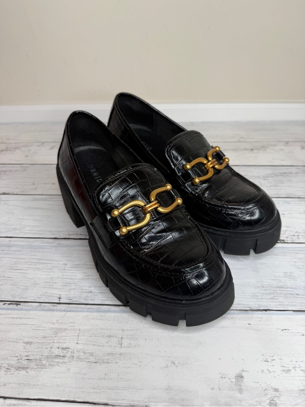 torrid Black Croc-Embossed Chunky Loafers with Gold Chain